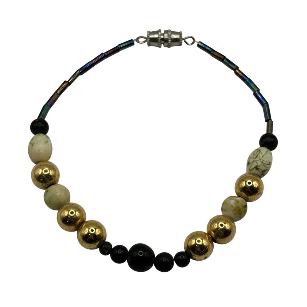 Womens Beaded Bracelet Gold Tone Marbled Stone Iridescent Beads Barrel Clasp
